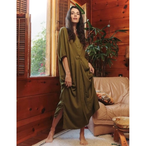 ODDBIRD | S | Olive Ruya Reya Tunic Flowy Short Sleeve Zip Neck Tie Dress - Picture 15 of 15